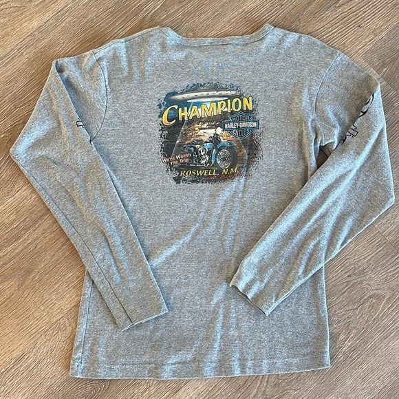 Vintage 90s Harley Davidson Roswell NM Long Sleeve Tee Womens Large Gray Fitted - Picture 9 of 10